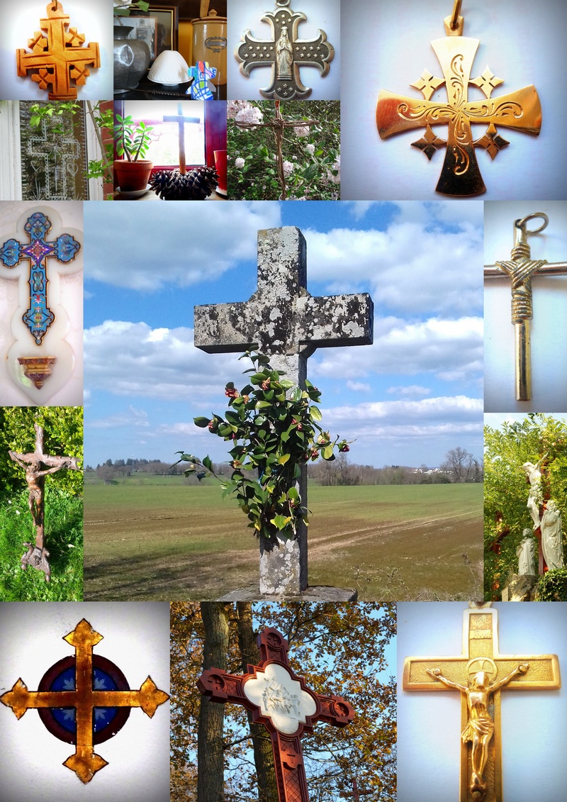Croix de vos chemins et de nos maisons, sur la commune dans vos églises ,dans vos maisons pour illustrer le chemin de croix du Vendredi Saint, paroisse de l'Assomption, Aixe