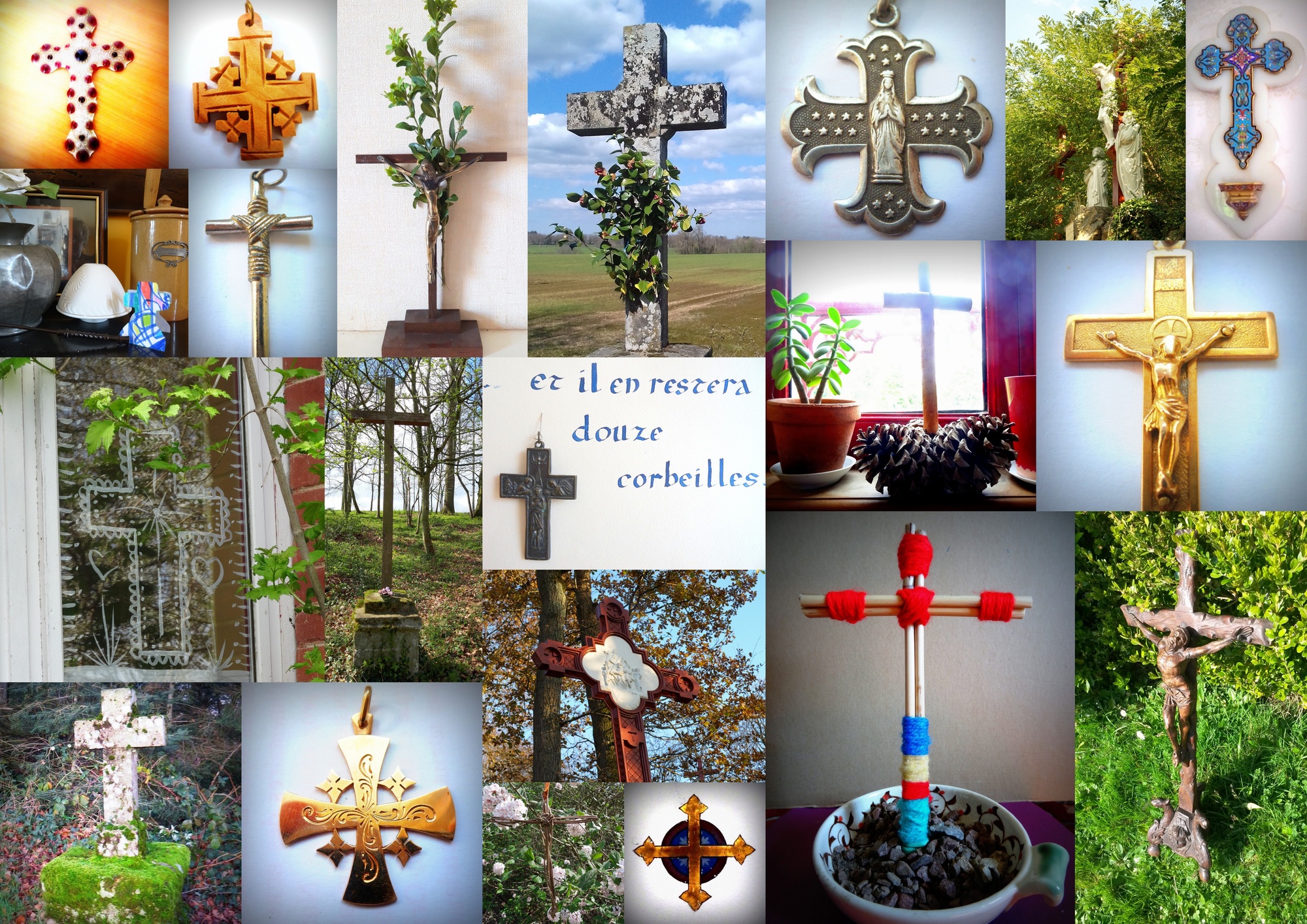 Croix de vos chemins et de nos maisons, sur la commune dans vos églises ,dans vos maisons pour illustrer le chemin de croix du Vendredi Saint, paroisse de l'Assomption, Aixe