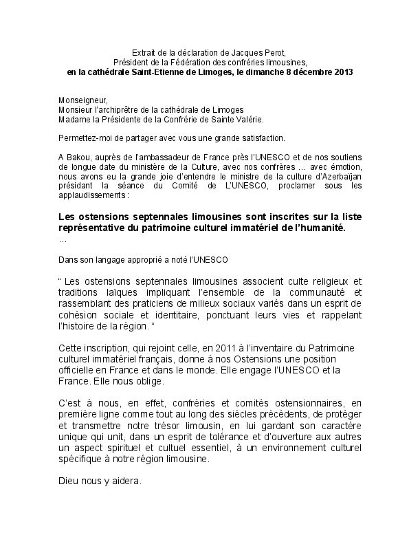 déclaration de Mr Jacques Perrot le 8 décembre 2013 pour l'iscription des ostensions limousines au patrimoine culturel immatériel de l'humanité